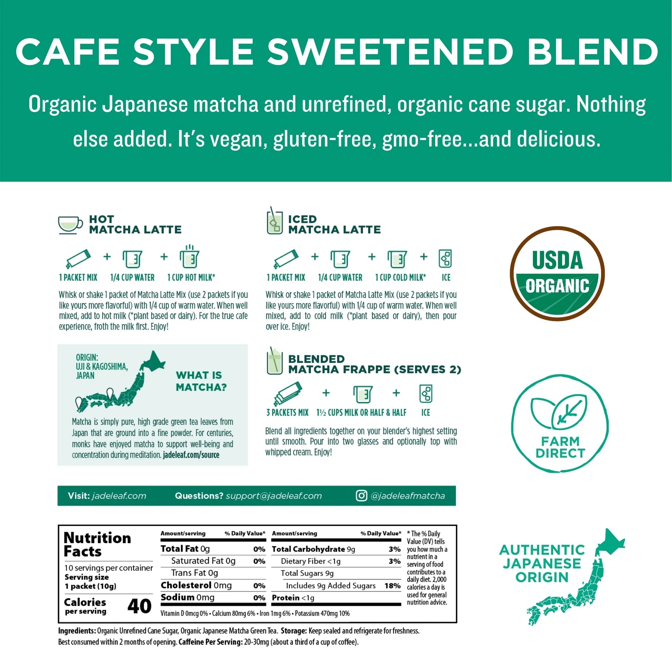 Organic Cafe Style Sweetened Matcha Latte Mix - Original - Stick Packs - Image 4