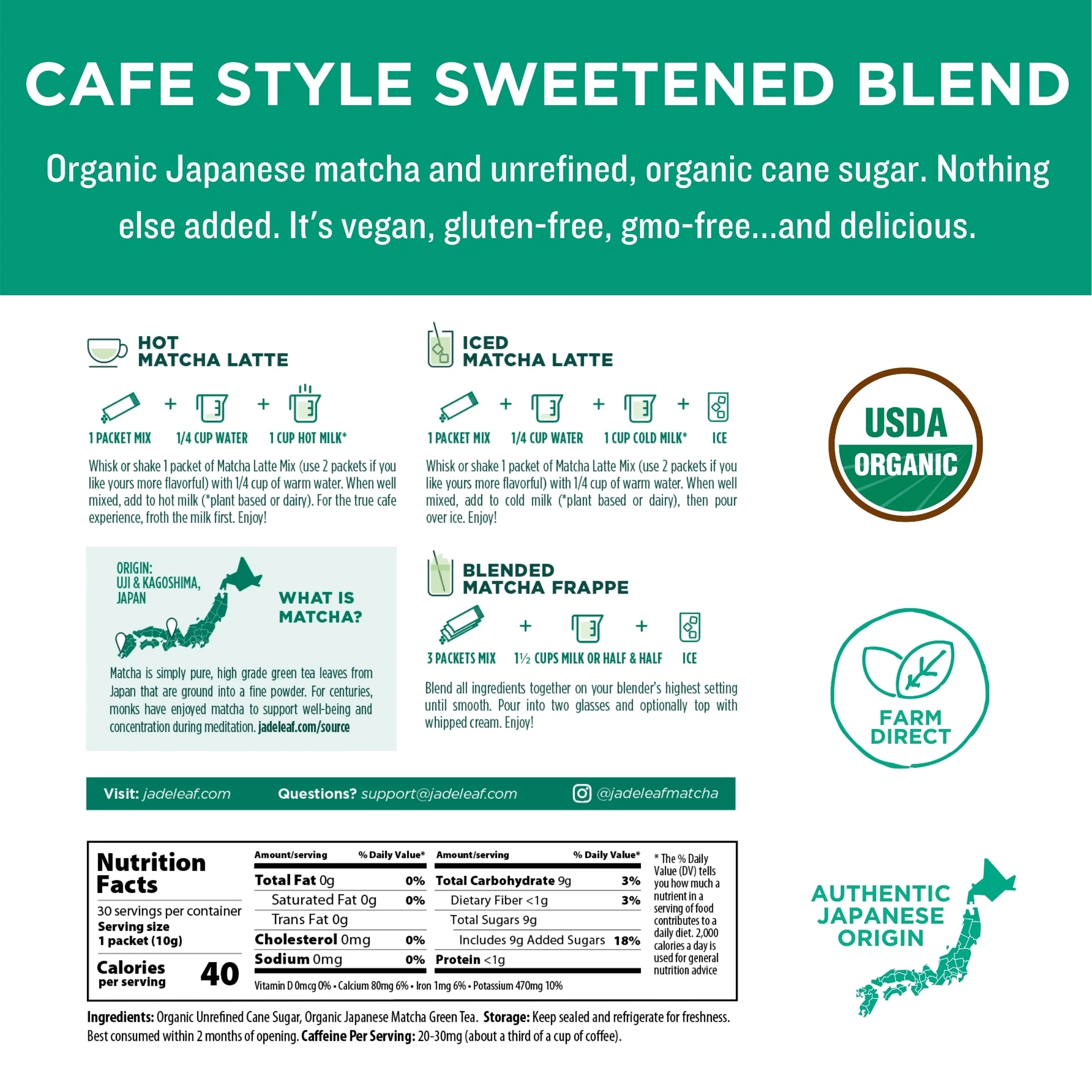 Organic Cafe Style Sweetened Matcha Latte Mix - Original - Stick Packs - Image 5