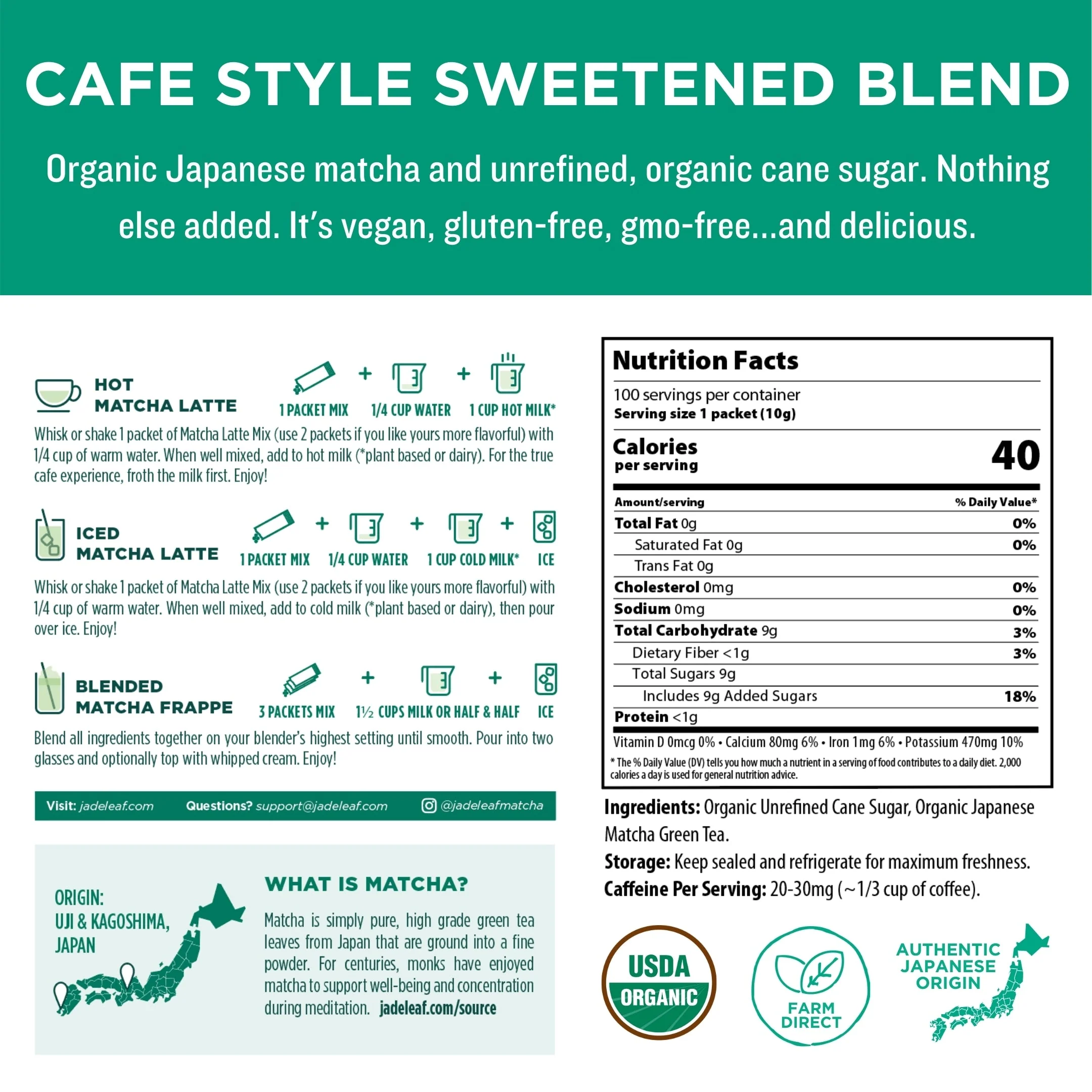 Organic Cafe Style Sweetened Matcha Latte Mix - Original - Stick Packs - Image 6